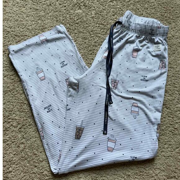 Life is Good Sleep Polka Dot Milk Tea Coffee Cup Drawstring Pajama Pants Gray Sm - Picture 1 of 8